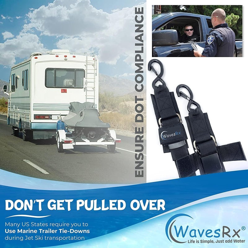 WavesRx Jet Ski & PWC Trailer Transom Straps (2PK) | 24" Marine Tie Downs Adjustable Safety Straps | Outperforms Ratcheting and Retractable Straps | JetSki Accessories for Safe & Secure Transportation - Image 3