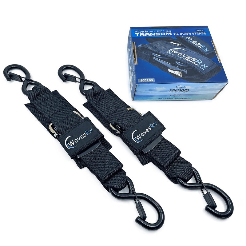 WavesRx Jet Ski & PWC Trailer Transom Straps (2PK) | 24" Marine Tie Downs Adjustable Safety Straps | Outperforms Ratcheting and Retractable Straps | JetSki Accessories for Safe & Secure Transportation - Image 1
