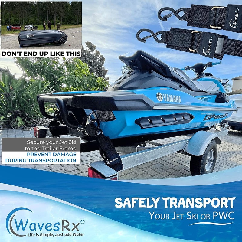 WavesRx Jet Ski & PWC Trailer Transom Straps (2PK) | 24" Marine Tie Downs Adjustable Safety Straps | Outperforms Ratcheting and Retractable Straps | JetSki Accessories for Safe & Secure Transportation - Image 2
