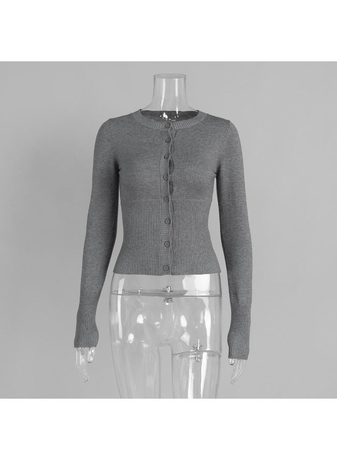 NIBEMINENT Classic O-neck Long Sleeved Knitted Shirt Autumn and Winter Women Elegant Solid Slim Fit Single Breasted  Cardigan Sweater - Image 1