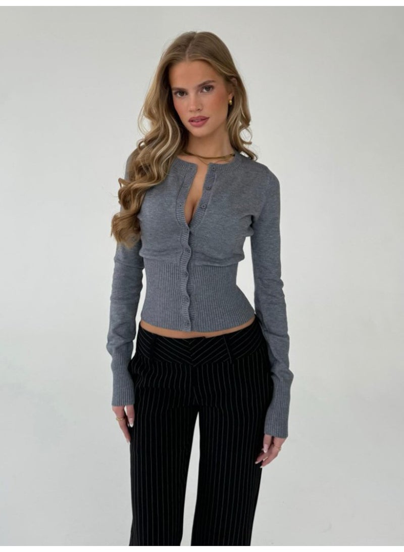 NIBEMINENT Classic O-neck Long Sleeved Knitted Shirt Autumn and Winter Women Elegant Solid Slim Fit Single Breasted  Cardigan Sweater - Image 3