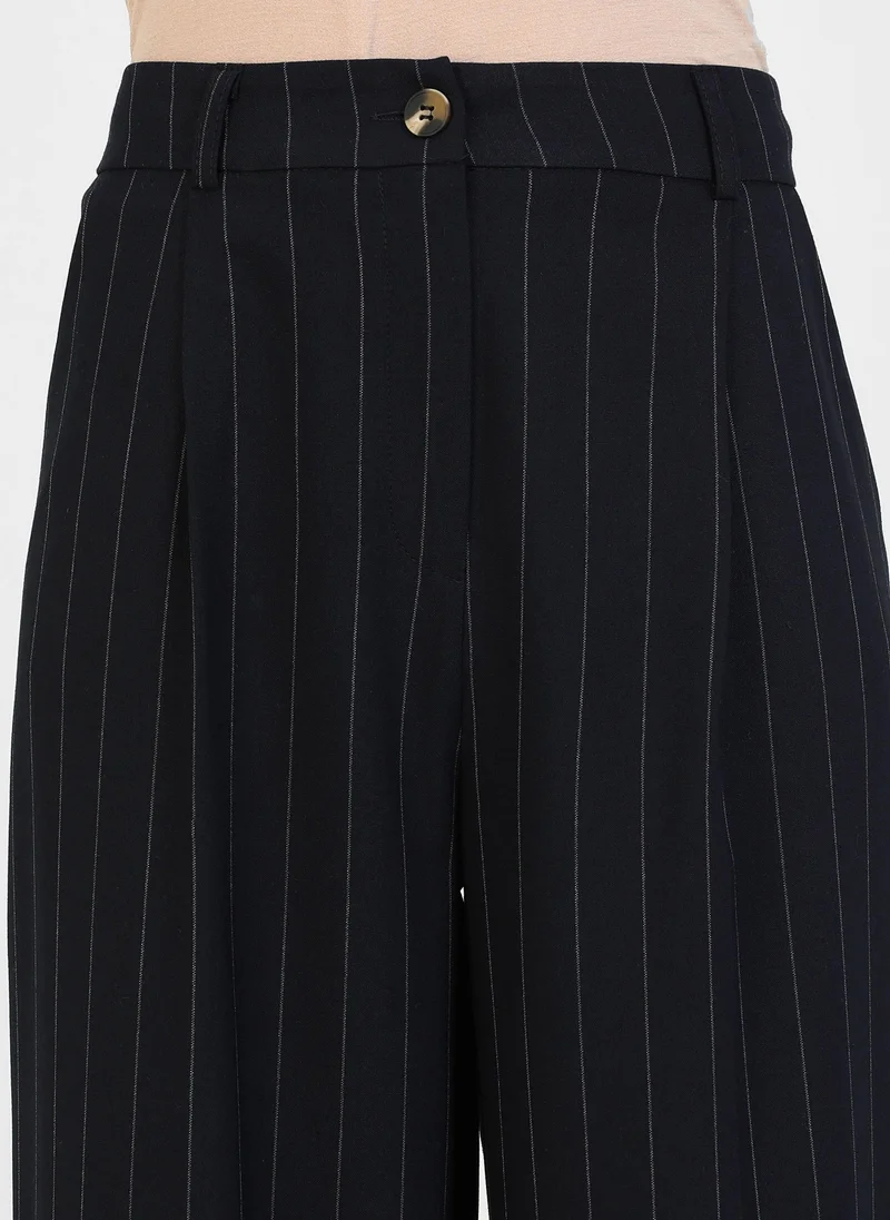 Refka by modanisa Navy Striped -Navy Striped Loose-Fit Classic Fabric Trousers -  Refka