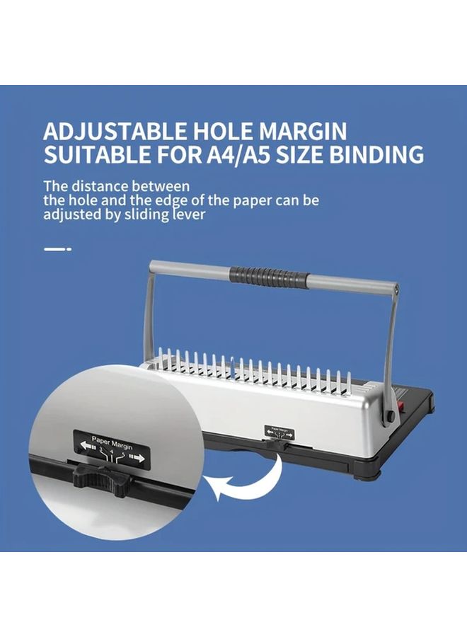 Silver Comb Binding Machine Double Pressure Handle Model 21 Hole Design Adjustable Margins Labor Saving Faster Includes 100 Plastic Combs - Image 5