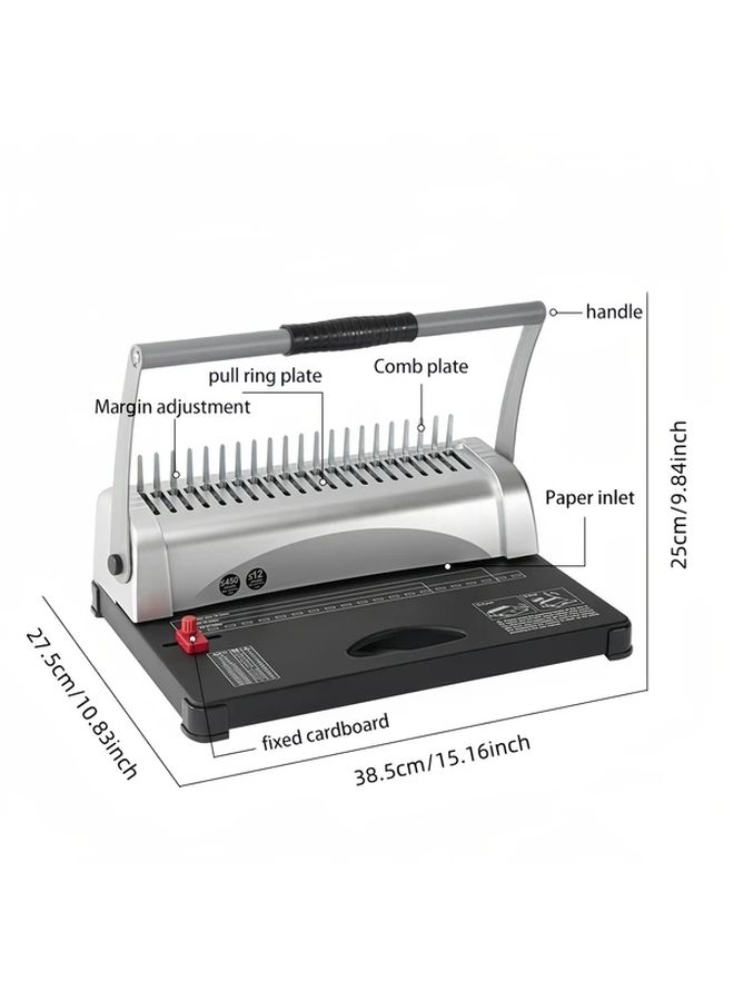 Silver Comb Binding Machine Double Pressure Handle Model 21 Hole Design Adjustable Margins Labor Saving Faster Includes 100 Plastic Combs - Image 3