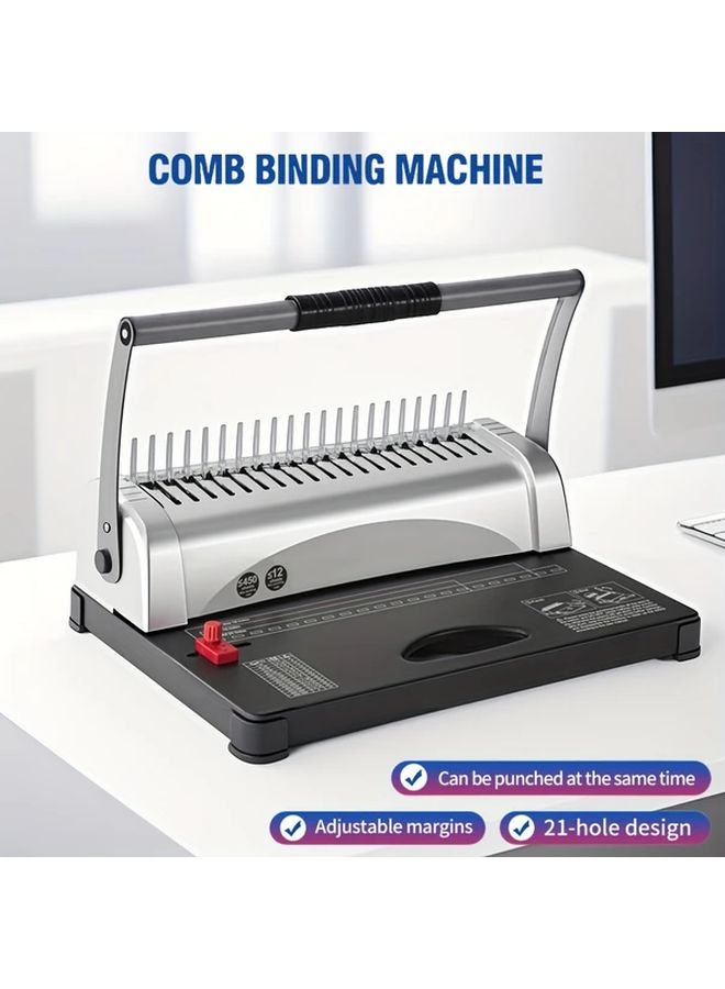 Silver Comb Binding Machine Double Pressure Handle Model 21 Hole Design Adjustable Margins Labor Saving Faster Includes 100 Plastic Combs - Image 2