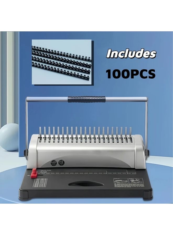 Silver Comb Binding Machine Double Pressure Handle Model 21 Hole Design Adjustable Margins Labor Saving Faster Includes 100 Plastic Combs - Image 1
