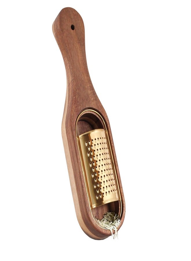 ROQILA Box Cheese Grater With Container Stainless Steel Parmesan Cheese Grater With Wood Handle Shredder Zester Grater Box Kitchen Handheld Cheese Spoon Grater-Gold Colour (With Handle) - Image 1