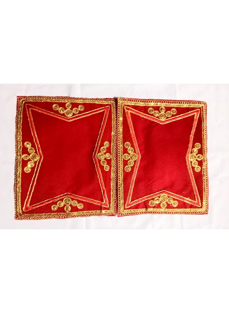 DEV POOJA STORE DEV POOJA STORE Velvet Pooja Asan Cloth Designer Golden Red Lace Asan Plain Altar Cloth for Puja Mandir and Temple 10x9 Inch Pack of 2  - Image 1