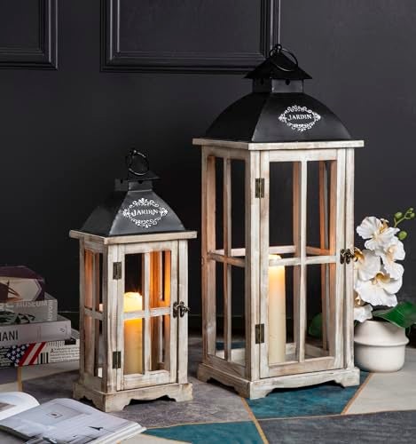 Venalys Set of 2 Large Decorative Wooden Metal Lanterns Farmhouse Rustic Floor Candle Lanterns IndoorOutdoor Hanging Lanterns for Home Decor No Glass - Image 1