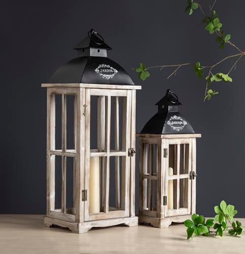 Venalys Set of 2 Large Decorative Wooden Metal Lanterns Farmhouse Rustic Floor Candle Lanterns IndoorOutdoor Hanging Lanterns for Home Decor No Glass - Image 3