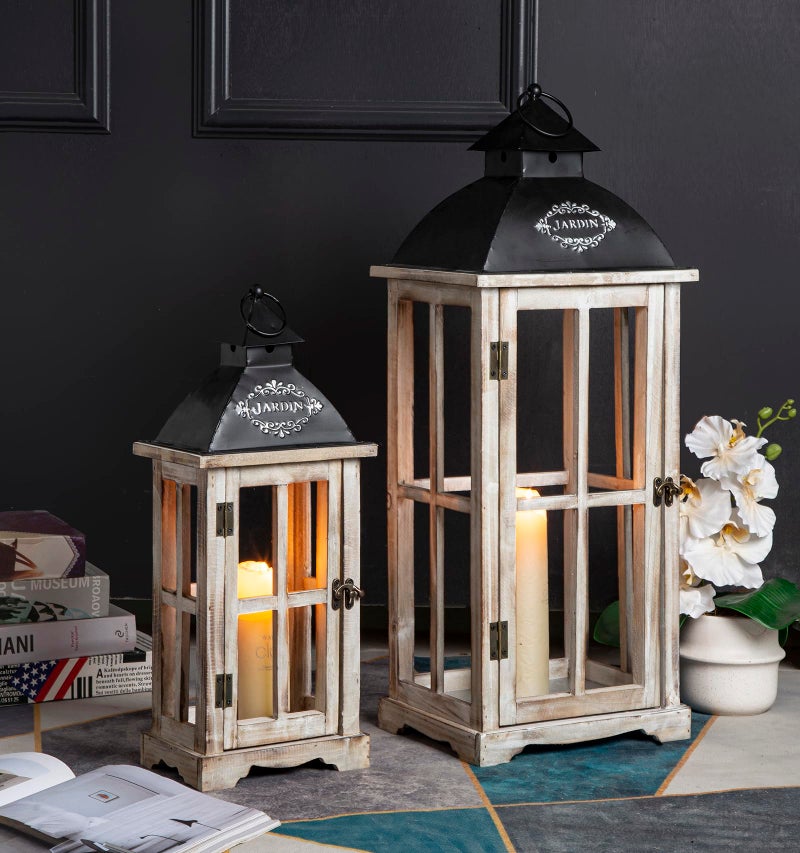 Venalys Set of 2 Large Decorative Wooden Metal Lanterns Farmhouse Rustic Floor Candle Lanterns IndoorOutdoor Hanging Lanterns for Home Decor No Glass - Image 2