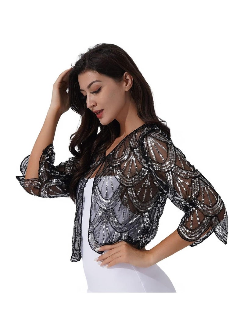 Captaintech Women 1920s Sequined Shawl Wraps, Long Sleeve Evening Cape Flapper Bolero Shrug, Women's Sequin Beaded Art Deco Vintage Shawl Bolero Wraps - Image 3