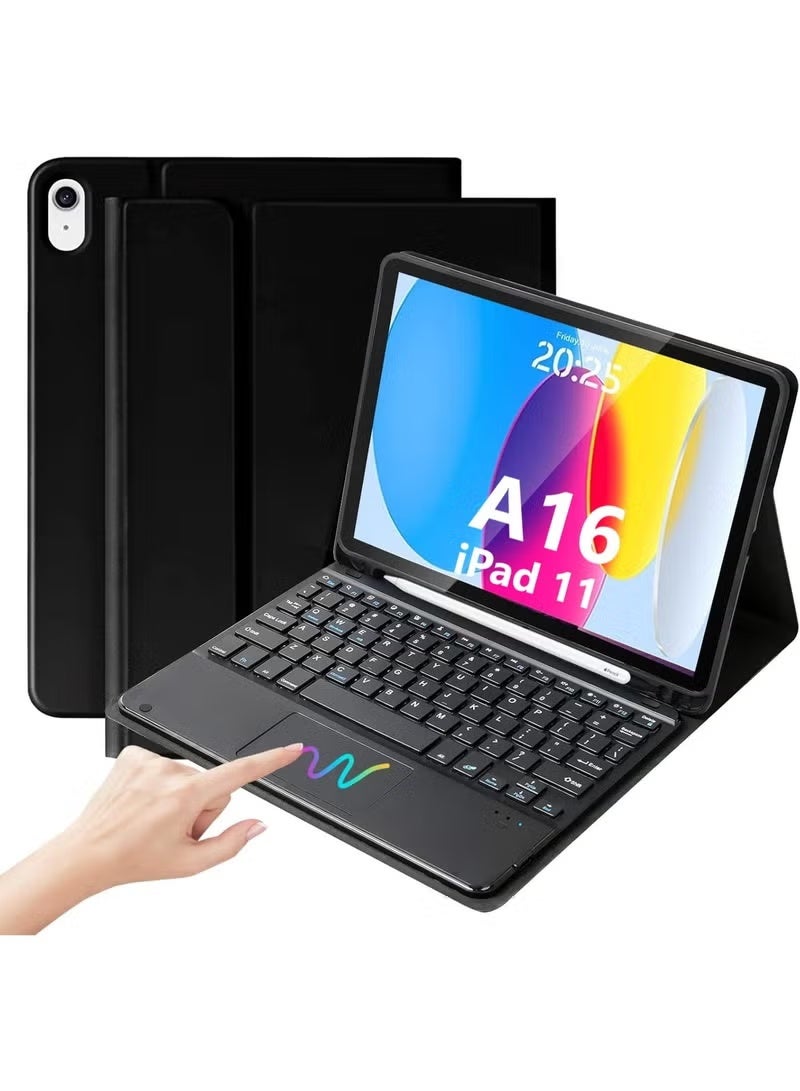 حافظة لوحة مفاتيح مغناطيسية لجهاز iPad الجديد (الجيل الحادي عشر، 11 بوصة، طراز A16 لعام 2025) وiPad (الجيل العاشر، 10.9 بوصة، 2022)؛ تتضمن لوحة مفاتيح لاسلكية قابلة للفصل تعمل بتقنية Bluetooth مع لوحة لمس وحامل للقلم - لون أسود. - Image 1