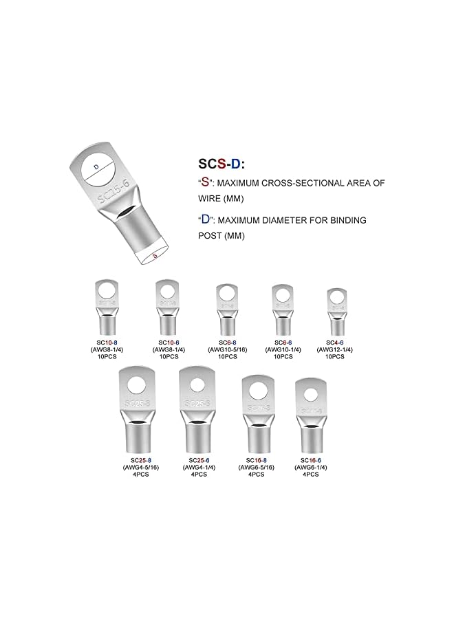 The Bros أطراف أسلاك نحاسية، مجموعة موصلات طرفية كابل البطارية 66 قطعة، موصلات طرفية سلكية نحاسية لـ 4 6 8 10 AWG مع 66 قطعة من أنابيب الانكماش الحراري (132 قطعة) - Image 5