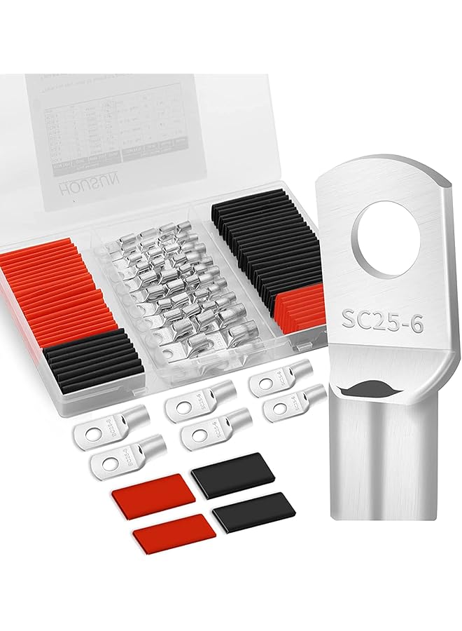 The Bros أطراف أسلاك نحاسية، مجموعة موصلات طرفية كابل البطارية 66 قطعة، موصلات طرفية سلكية نحاسية لـ 4 6 8 10 AWG مع 66 قطعة من أنابيب الانكماش الحراري (132 قطعة) - Image 1