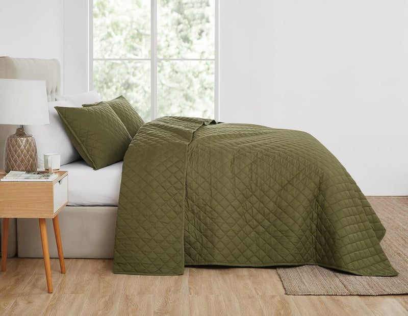 Cannon CANNON Solid Oversized Percale Olive Green FullQueen 3 Piece Quilt Set  - Image 5