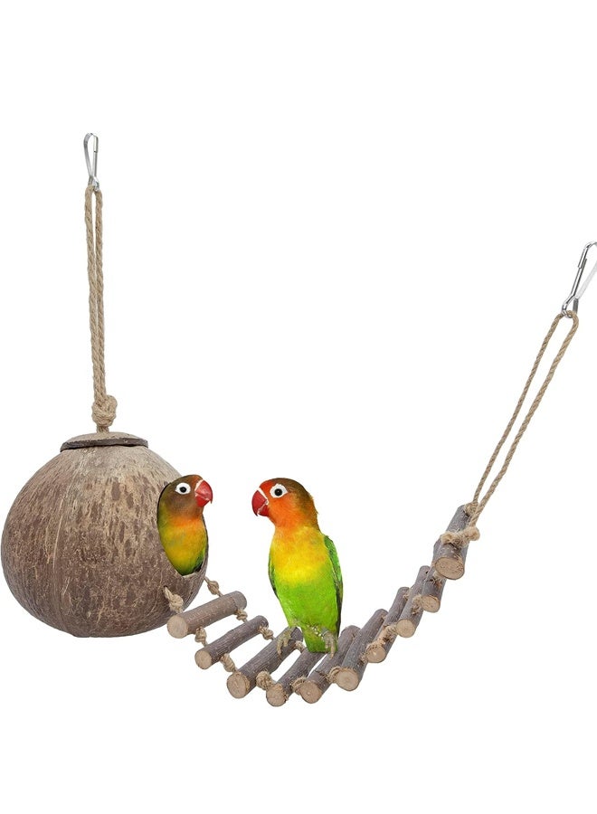 مخبأ هامستر من جوز الهند الطبيعي مع سلم ولعبة طائر وحيوان صغير (منزل مع سلم وسطح أملس) - Image 1