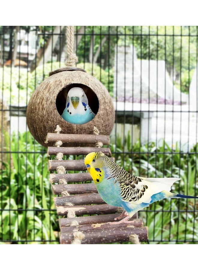 مخبأ هامستر من جوز الهند الطبيعي مع سلم ولعبة طائر وحيوان صغير (منزل مع سلم وسطح أملس) - Image 4