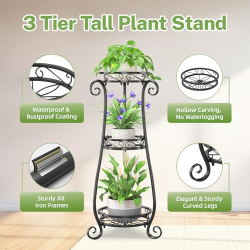 iDavosic.ly 3 Tier Metal Plant Stand Indoor Outdoor, Wrought Iron Corner Tall Flower Pot Holder Shelf, 34 Inch Vertical Heavy Duty Display Rack for Patio Porch Living Room Garden, Black - Image 3