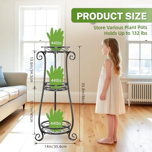 iDavosic.ly 3 Tier Metal Plant Stand Indoor Outdoor, Wrought Iron Corner Tall Flower Pot Holder Shelf, 34 Inch Vertical Heavy Duty Display Rack for Patio Porch Living Room Garden, Black - Image 2