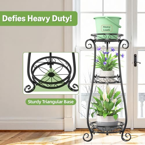 iDavosic.ly 3 Tier Metal Plant Stand Indoor Outdoor, Wrought Iron Corner Tall Flower Pot Holder Shelf, 34 Inch Vertical Heavy Duty Display Rack for Patio Porch Living Room Garden, Black - Image 4