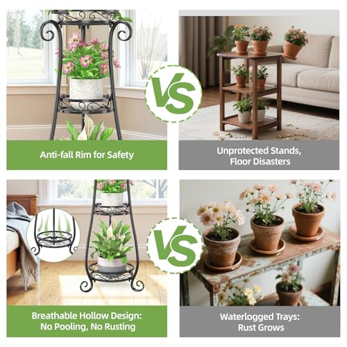 iDavosic.ly 3 Tier Metal Plant Stand Indoor Outdoor, Wrought Iron Corner Tall Flower Pot Holder Shelf, 34 Inch Vertical Heavy Duty Display Rack for Patio Porch Living Room Garden, Black - Image 5