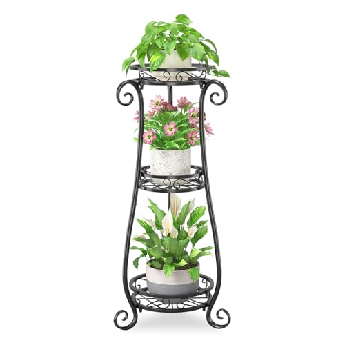 iDavosic.ly 3 Tier Metal Plant Stand Indoor Outdoor, Wrought Iron Corner Tall Flower Pot Holder Shelf, 34 Inch Vertical Heavy Duty Display Rack for Patio Porch Living Room Garden, Black - Image 1
