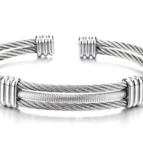 COOLSTEELANDBEYOND Men Women Stainless Steel Twisted Cable Adjustable Cuff Bangle Bracelet Silver Color - Image 2