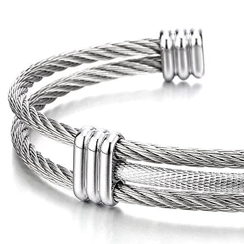 COOLSTEELANDBEYOND Men Women Stainless Steel Twisted Cable Adjustable Cuff Bangle Bracelet Silver Color - Image 3