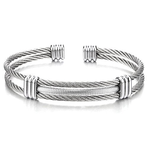 COOLSTEELANDBEYOND Men Women Stainless Steel Twisted Cable Adjustable Cuff Bangle Bracelet Silver Color - Image 1