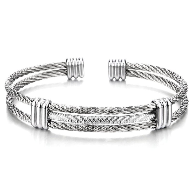 COOLSTEELANDBEYOND Men Women Stainless Steel Twisted Cable Adjustable Cuff Bangle Bracelet Silver Color - Image 4