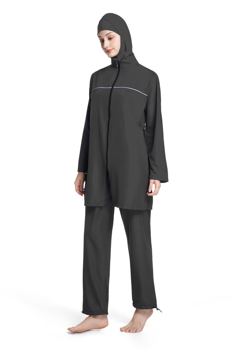 طقم سباحة محافظ من ثلاثة قطع للنساء المسلمات، صيفي، مريح، مضاد للأشعة فوق البنفسجية، بأكمام طويلة وسحّاب، ملابس شاطئية خفيفة الوزن... - Image 1