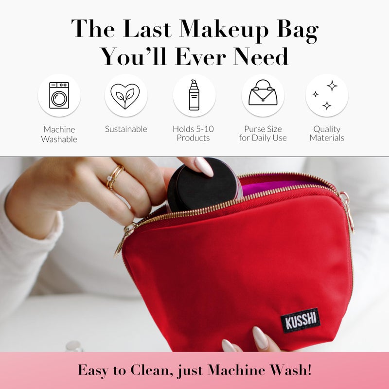 KUSSHI Washable Travel Makeup Bag for Purse (Everyday, Candy Apple Red/Pink) - Image 2