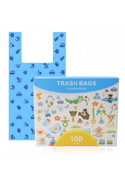100-Piece Disposable Diaper Bags with Handle Easy-Tie, Safe and Odour Control Biodegradable Baby Nappy Sacks for Collecting Nappies and Garbage, Blue