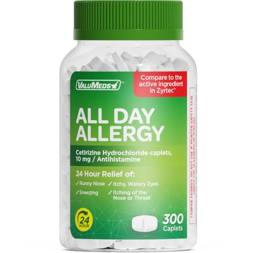 ValuMeds 24Hour Allergy Medicine Antihistamine for Pollen Hay Fever Dry Itchy Eyes Allergies Cetirizine HCl 10mg Caplets Compare to Leading Brand 300 Count Pack of 1