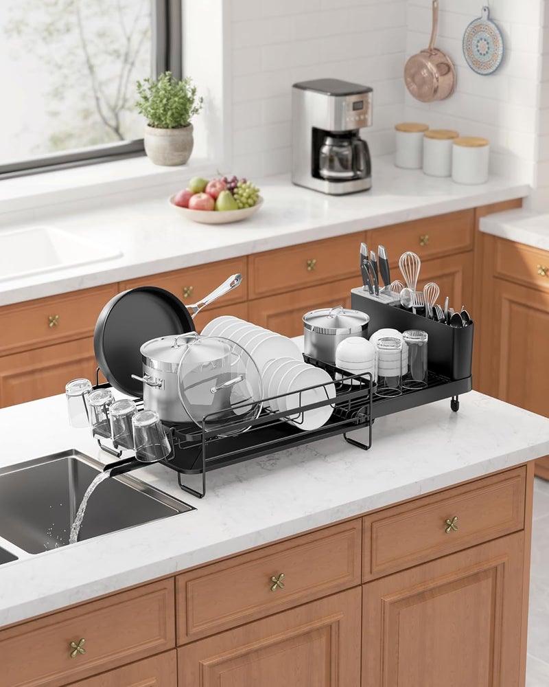 Kitsure Large Dish Drying Rack - Extendable Dish Rack, Multifunctional Dish Rack for Kitchen Counter, Anti-Rust Dish Drainers with Cutlery & Cup Holders 19.2"-26.7" L x 12.9" W, Black - Image 2
