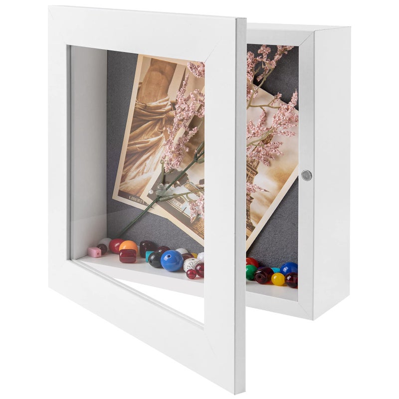 Frametory 8x8 Shadow Box Frame  Front Opening  2 inch Depth Display Box for Wall and Tabletop Display Memory Box 6 Pins Included 8x8 White