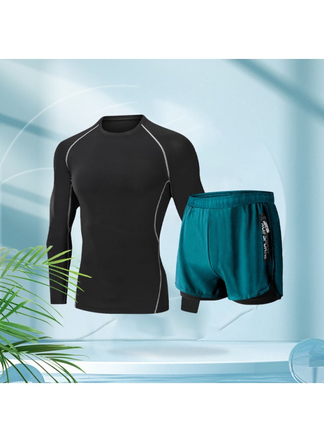 Loquat Swimwear Men's Summer Tight Quick-drying Clothes Ice Silk Sports Top Long-sleeved Double-layer Breathable Sunscreen Upper Body Swimsuit-Color:Surfing Two-piece Set 【Hui Feng And Chang】 Long Sleeve- - Image 1