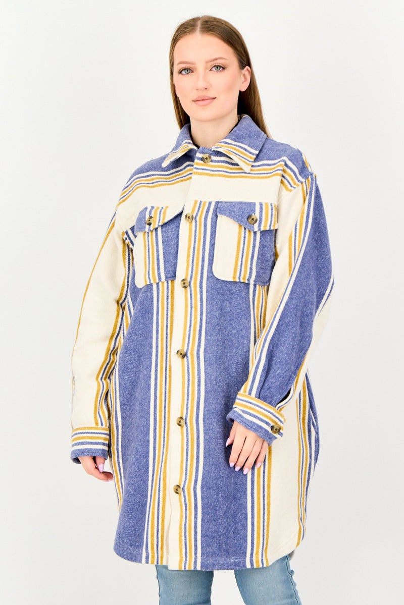 Aerie Women Stripe Long Shacket, Multicolor - Image 1