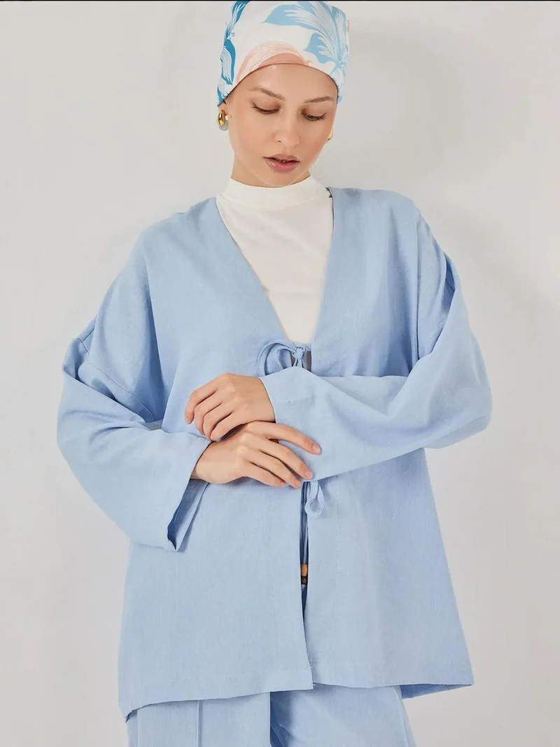 بيغ دارت طقم كارديجان برباط كتان وبنطلون واسع الساق بتفاصيل مضلعة