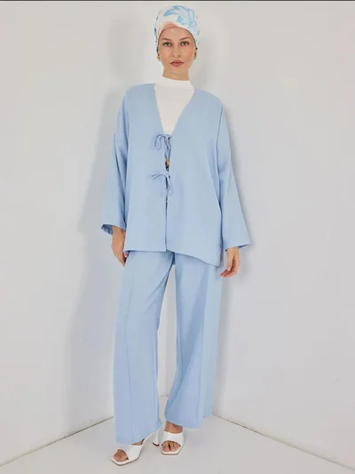 BIG DART BDART Linen Blend Binding Detailed Cardigan and Rib Detail Wide Leg Pants Set