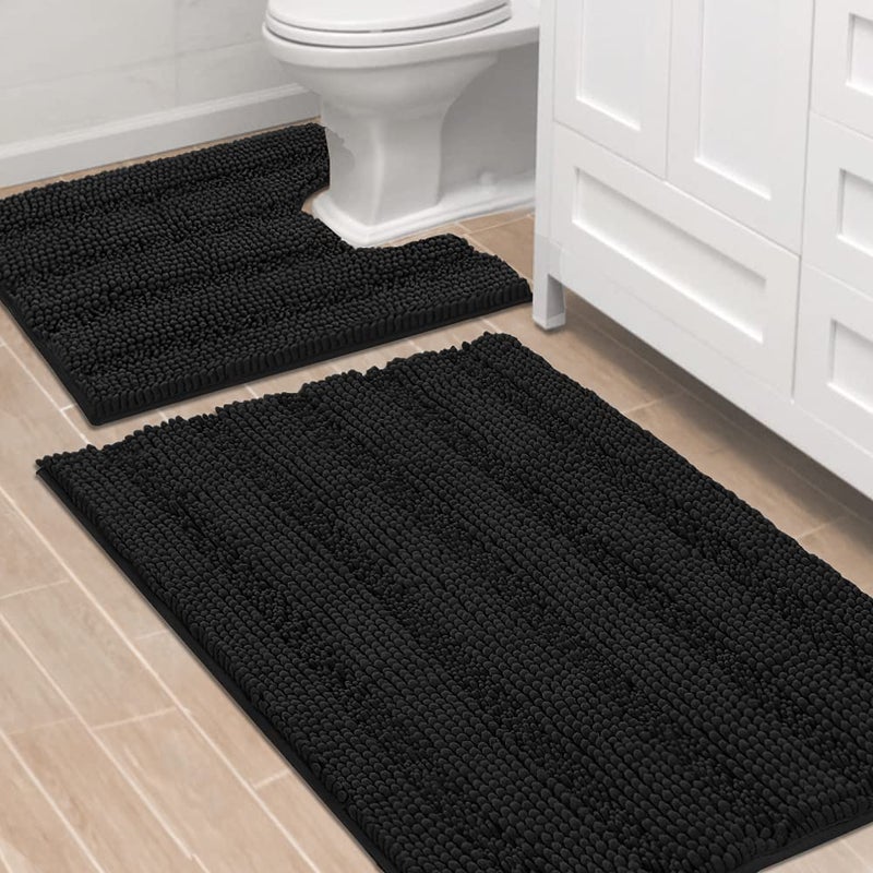 HVERSAILTEX Bathroom Rugs Bath Rug Set 2 Piece Bathroom Contour Rug Toilet Mat Sets Non Slip Contour Bath Rug Ultra Thick Water Absorbent Striped Bath Mats Washable36 x 24 Plus 20 x 24 U Black