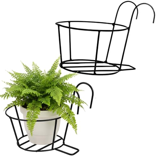 Pivalo Round Hanging Flower Pot Holder Round Balcony Railing Plant Basket Planter Iron Art Over The Rail Fence Potted Rack Decor for Orchid Deck Patio Ledge (Pack of 2, Black) - Image 1