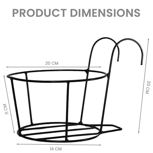 Pivalo Round Hanging Flower Pot Holder Round Balcony Railing Plant Basket Planter Iron Art Over The Rail Fence Potted Rack Decor for Orchid Deck Patio Ledge (Pack of 2, Black) - Image 2