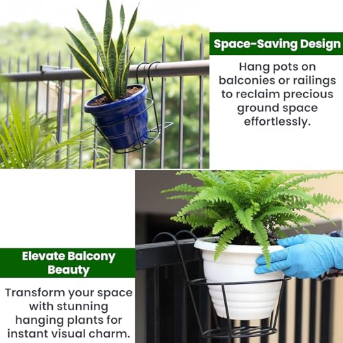 Pivalo Round Hanging Flower Pot Holder Round Balcony Railing Plant Basket Planter Iron Art Over The Rail Fence Potted Rack Decor for Orchid Deck Patio Ledge (Pack of 2, Black) - Image 4