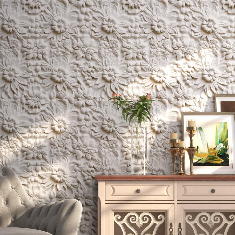 HelloWall 17.5"Ã—317" Peel and Stick Wallpaper Floral Embossed Wallpaper for Bedroom Faux 3D Embossed Floral Wall Paper Mural Removable Self Adhesive Contact Paper for Countertops Living Room Bathroom - Image 3