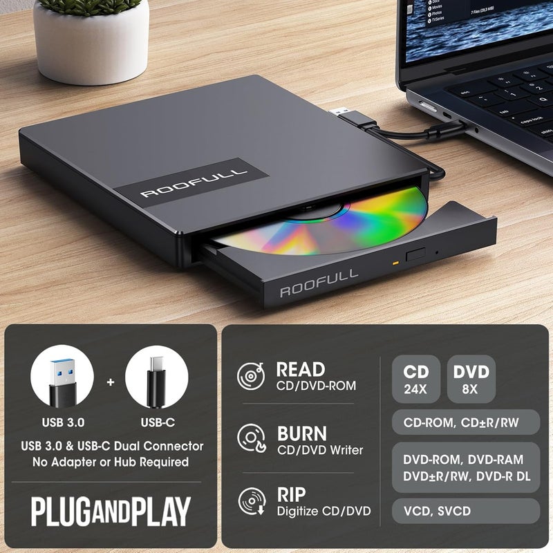 ROOFULL External CD DVD Drive for Laptop 8-in-1 USB 3.0 & USB-C DVD Player CD-ROM/RW Disc Reader Writer Burner with Carrying Case & SD Card Slots + USB Ports for Mac PC MacBook Windows 11/10 Computer - Image 4