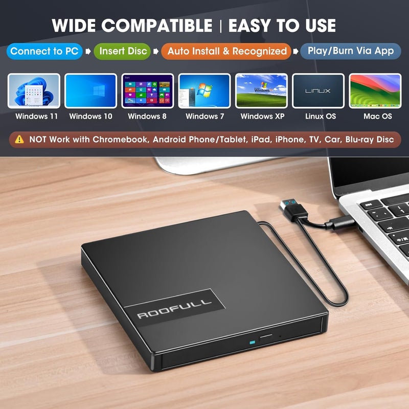 ROOFULL External CD DVD Drive for Laptop 8-in-1 USB 3.0 & USB-C DVD Player CD-ROM/RW Disc Reader Writer Burner with Carrying Case & SD Card Slots + USB Ports for Mac PC MacBook Windows 11/10 Computer - Image 5