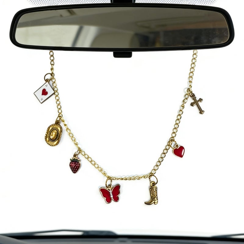 DoYoMo Rearview Mirror Charm for Car,Gold Hanging Accessories with Cross Cowboy Hat Poker A Strawberry Butterfly Heart Cowboy Boot,Cars Decor,Christian Faith Car Accessories,Religion Gifts for Drivers - Image 1
