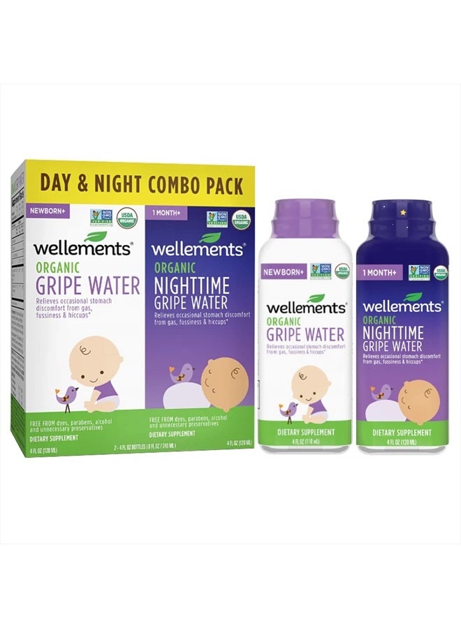 Wellements Organic Baby Gripe Water Day & Night Combo Pack | Relief for Occasional Upset Bellies from Baby Gas, Colic, Hiccups & Fussiness, Gentle*, USDA Certified Organic | Pack of 2, 4 Fl Oz - Image 1